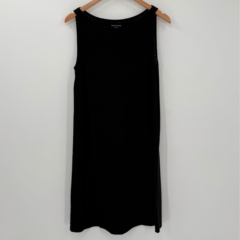 Eileen Fisher Black Sleeveless Tank Shift Dress Small Linen Feel Minimalist